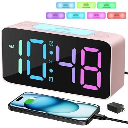 BAKIBO Alarm Clock for Heavy Sleepers, Digital Alarm Clock for Bedroom, Desk Clock with Large Night Light and 7 Color Changing, USB and Battery Powered, Loud Alarm Clock for Kids Adults