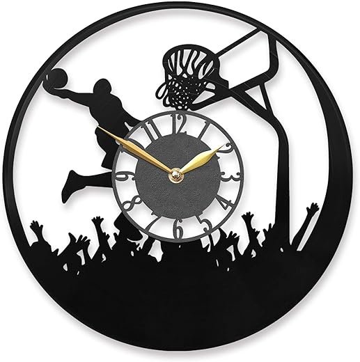 Basketball Wall Clock – Design with Court and Crowd – Unique Sports Decor for Basketball Fans, Black
