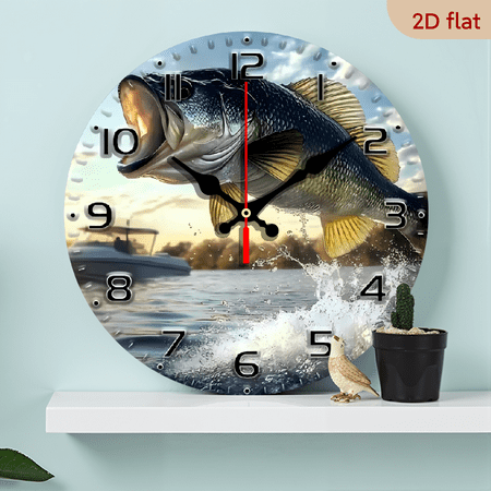 Bass Fishing Wall Clock, Leaping Fish with Boating Scene, Outdoor & Fishing Enthusiasts Decor, Dynamic Water Sports Art for Lake House & Fishing Cabin