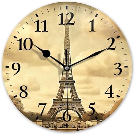 Battery Operated Wall Clocks Silent Non-TickingDecor Clock with Photo for Bathroom,Office-Vintage-Style Featuring The Eiffel Tower in Paris(10inch)