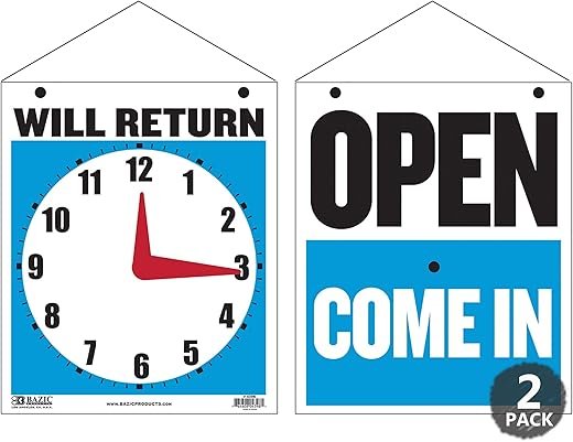 BAZIC Products Open Closed Signs for Business, Double-sided Vinyl Open Signs for Business Window With Will Return Clock Sign, Be Back Sign With Clock, Ideal for Businesses, Shop, Office & More, 7.5"X9", 2-Pack