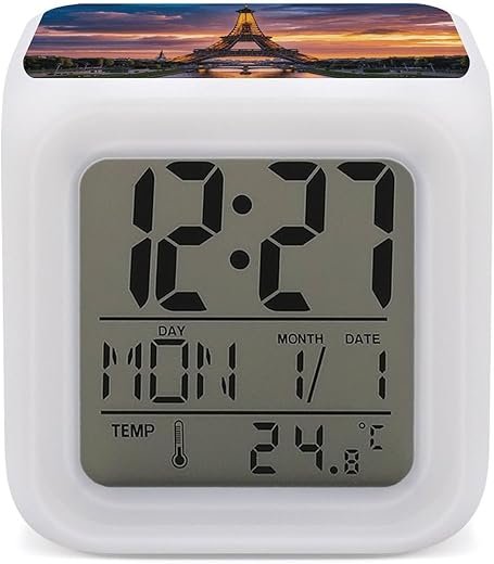 Beautiful Eiffel Tower Paris Alarm Clock, 3-Inch Compact Digital Alarm with 7-Color Changing Night Light, Temperature & Calendar, Portable Travel Clock for Bedroom, Office, Dorm