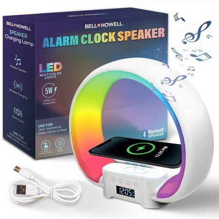 Bell+Howell Digital Alarm Clock for Heavy Sleepers, Bluetooth Speaker with Built in Wireless Charger, Color Changing Night Light Desk Lamp, 4 in 1 Device, Home Decor for Bedroom, Kitchen, Nightstand