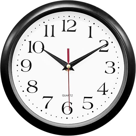Bernhard Products Black Wall Clock Silent Non Ticking 8 Inch Quality Quartz Battery Operated Round Easy to Read Home/Office/Kitchen/Classroom/School Clocks Sweep Movement