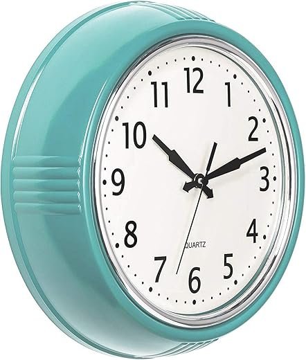 Bernhard Products Retro Wall Clock 12 Inch Blue Kitchen 50's Vintage Design Round Silent Non Ticking Battery Operated Quality Quartz Clock (Robin Egg Blue)