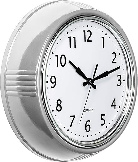 Bernhard Products Retro Wall Clock 12 Inch Silver Kitchen 50's Vintage Design Round Silent Non Ticking Quality Quartz Battery Operated for Home/Office/Kitchen/Living Room/School Classroom