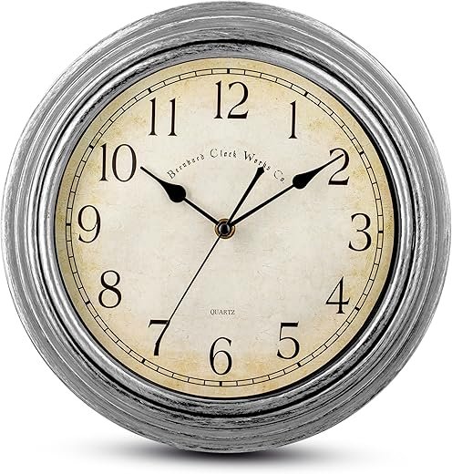 Bernhard Products Vintage Wall Clock Silent Non Ticking - 12 Inch Quality Quartz Battery Operated Decorative Silver Clock for Home Kitchen Living/Dining Room Office Decor, Easy to Read, Rustic