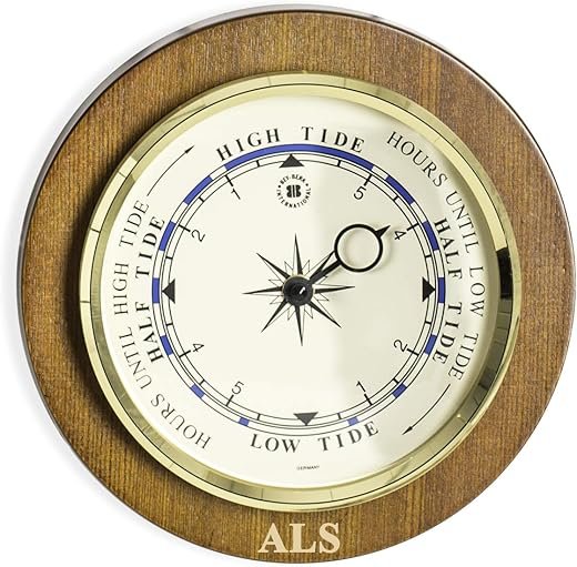 Bey-Berk Custom Personalized Made in Germany Tide Clock with Brass Bezel on Cherry Wood Base