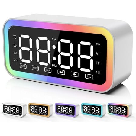 Big Digital Dual Alarm Clock, Bluetooth Speaker with HIFI Stereo, Compact Clock for Bedroom, Colorful LED Lights, USB Charger, LED Display Digital Alarm Clock for Teens Girls Boys (White)