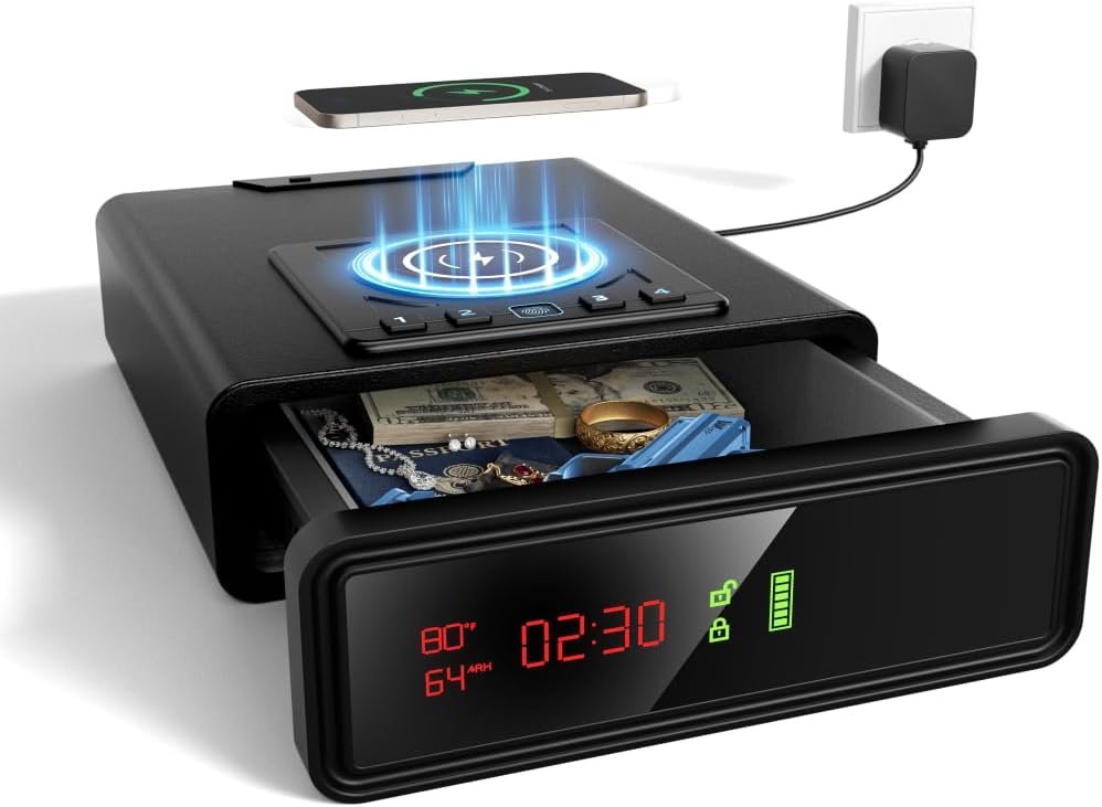 Biometric Smart Safe with Wireless Charging for Phone and Watch, Quick Access Stopbox with Backlit Keypad,Auto Open Drawer Gun Lock Box with Humidity,Temperature, Digital Clock,LED Screen (G)