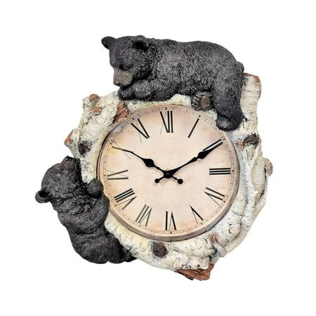 Black Bear Cubs on Birch Woodland Style Wall Clock Cabin Lodge