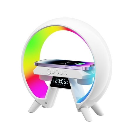Blasgw Big G Multifunctional Bluetooth Speaker & Night Light - 15W Fast Wireless Charger, Color Changing Lamp, Sunrise Alarm, Sleep Aid, Bedside Lamp, Clock, Bluetooth 5.1, 10W Output Multicolored