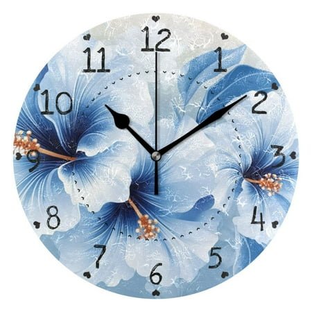Blue and White Hawaiian Style Floral Round Wall Clock Silent Analog Battery Operated Black Pointer Home Decor 9.84 Diameter