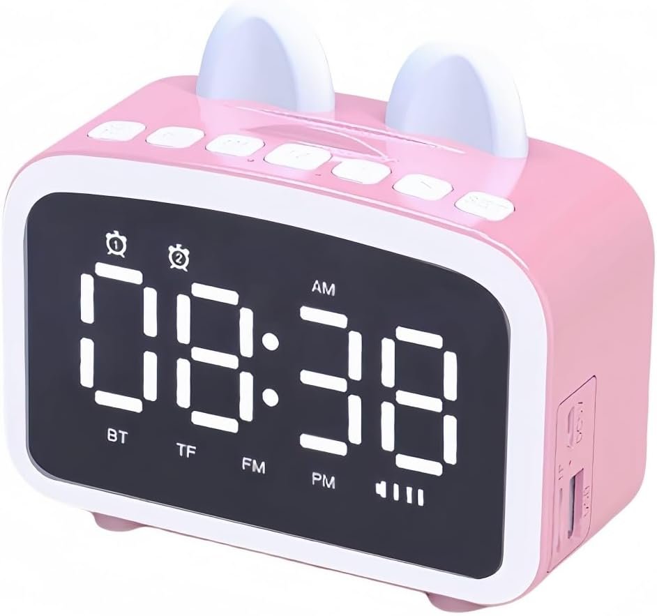 Bluetooth Alarm Clock with Radio FM, Digital Clocks with Bluetooth Speaker, LED Display, Bedside Alarm Clock, USB Port, Night Light, TF Card Music Player, Friends/Children's Gift (Pink)