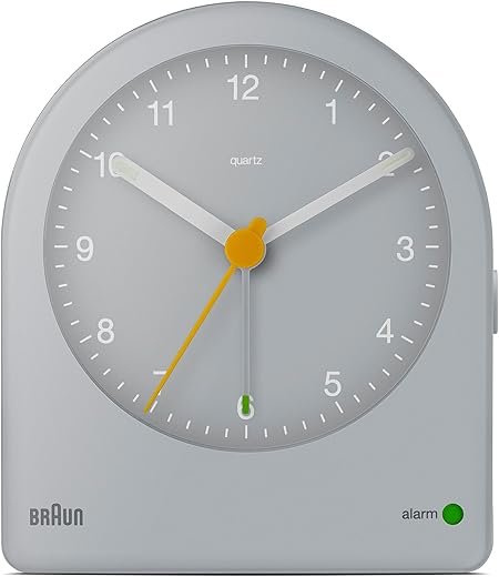 Braun Classic Analogue Alarm Clock with Snooze and Continuous Backlight, Quiet Quartz Movement, Crescendo Beep Alarm in Grey, Model BC22G