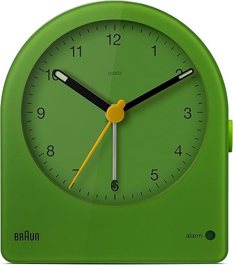 Braun Classic Analogue Alarm Clock with Snooze and Continuous Backlight, Quiet Quartz Movement, Easy to Read Dial, Crescendo Beep Alarm in Green, Model BC22GN.