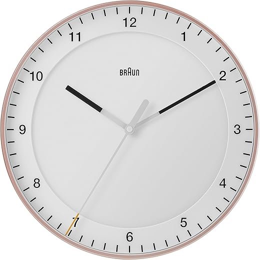 Braun Classic Large Analogue Wall Clock with Silent Sweep Movement, Easy to Read, 30cm Diameter in Rose and White, Model BC17PW.