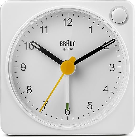 Braun Classic Travel Analogue Alarm Clock with Snooze and Light, Compact Size, Quiet Quartz Movement, Crescendo Beep Alarm in White, Model BC02XW.
