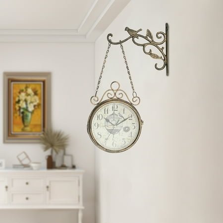 Bronze Wrought Iron Double-Sided Wall Clock Retro Mute Living Room Decorative Clock European Pastoral Style Clock