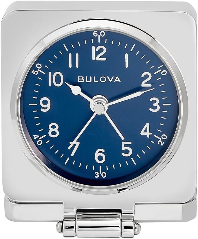 Bulova Travel Hack Alarm Clock B1882 | Vintage-Inspired Flip Cover Design with Blue Dial | Quartz Movement | Battery Included | Compact Travel Clock with Gift Pouch