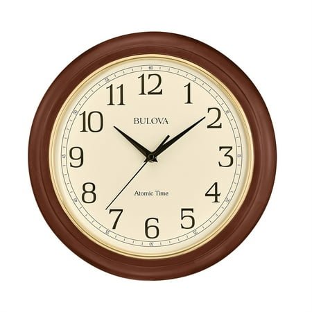 Bulova Wooden Atomic analog wall clock, C5004 Atomic Time 2, sets automatically, quartz battery.