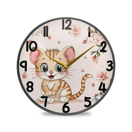 Cartoon Cute Cat and Flowers Light Green Pink Lines Round Acrylic Wall Clock Silent Battery Operated Home Decor for Living Room Bedroom