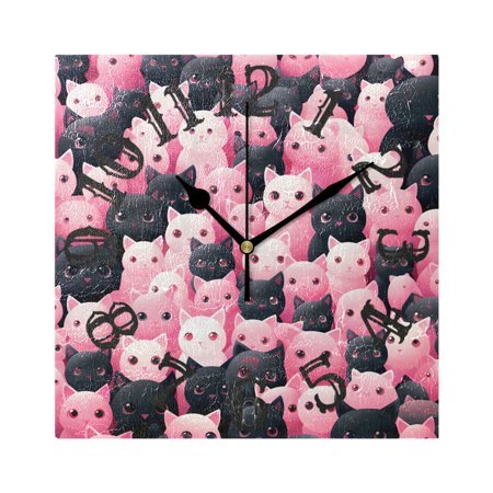 Cats Black Pink Cartoon Wall Clock Square Silent Non Ticking Battery Operated Clock for Home Bathroom Kitchen Bedroom Living Room
