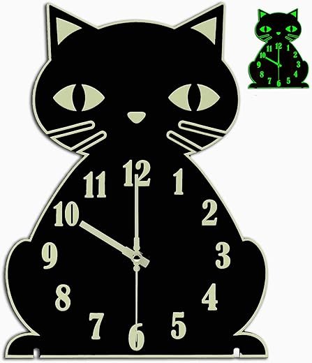 Cat Wall Clock Glow in The Dark - Silent Luminous Clock for Bedroom Living Room Home Decor,Cute Unique Gifts for Kids,Cat Lovers- Black