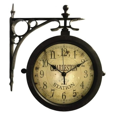 Charelston Metal Outdoor Clock, Waterproof Double Sided Train Station Clock & Thermometer Charleston