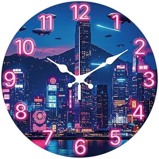 CHGCRAFT Neon City Wall Clock 12 Inch Cyberpunk City Clock Battery Operated Silent Non Ticking Round Decorative Clocks for Home Office Decoration