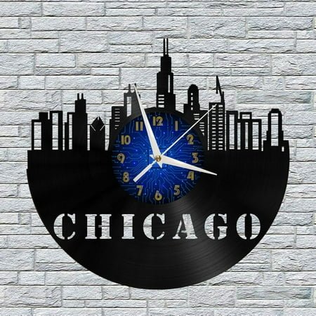 Chicago Cityscape 12 Inch Vinyl Record Wall Clock - Silent, Creative, and Unique Clock for Living Room, Entryway, or Bedroom Decor - Perfect Gift Idea(12 inchs B without LED)