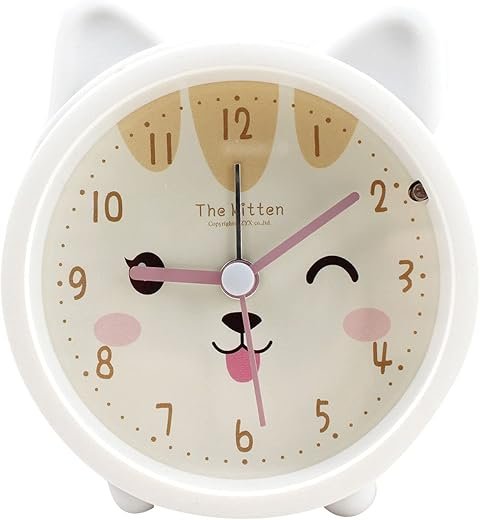 Children Cute Animal Dog/Cat Alarm Clock Silent Non Ticking Silicone Clock Night Light Travel Clock (A-White Cat)