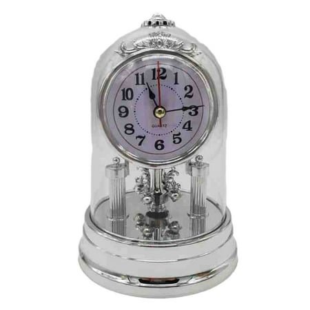 Classic Vintage Clock European Style Desk Antique Clock with Pendulum and Chime, Plastic Dome, Triple Crown Finial,Revolving Synthetic Crystals, Loud Alarm,Home Decoration,Silver,11X16.8cm