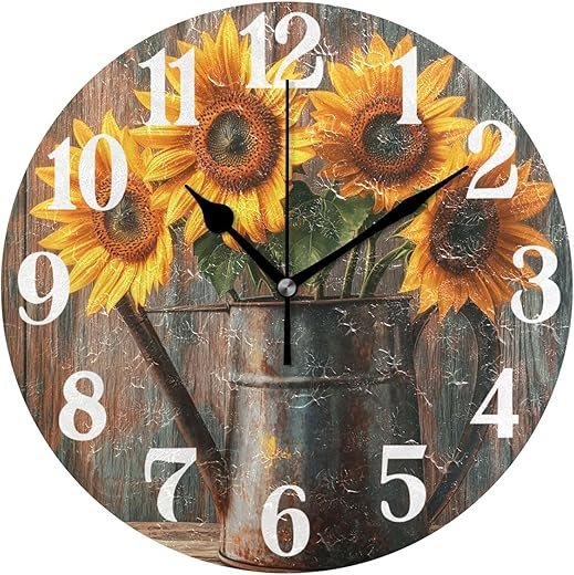 Clock for Living Room Sunflowers Old Watering Can Wall Clock Round Kitchen 10 Inch Non-Ticking Silent Battery Operated Quartz Atomic Analog Clocks Decorative Bedroom Home