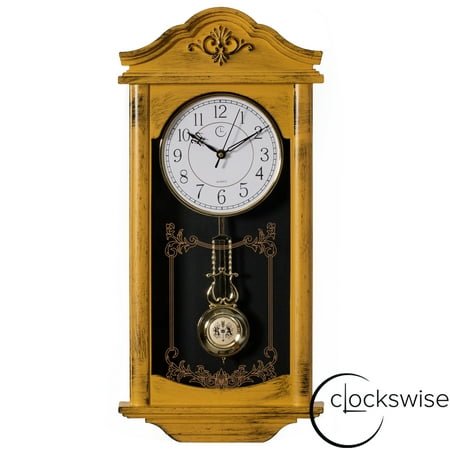 Clockswise 24 Decorative Grandfather-Style Wall Clock Vintage-Inspired Design Realistic Wood-Grain Texture Distressed Finish Battery-Operated for Home Office Living Room Kitchen Entryway, Yellow