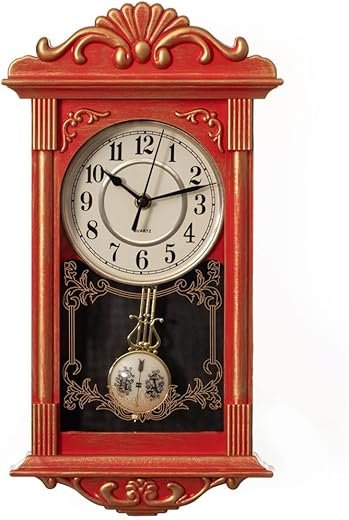Clockswise Vintage Grandfather-Style Wall Clock with Wood-Effect Plastic Pendulum Battery-Operated for Home Decor Living Room Home Office Kitchen or Dining Room (Red, 16 Inch)