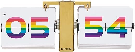Cloudnola Flipping Out Wall and Tabletop Flip Clock, Rainbow Numbers and Gold Metal, Battery Operated Digital Display