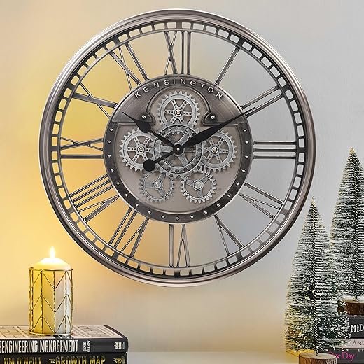 CLXEAST 28 Inch Original Real Moving Gear Wall Clock Roman Numerals,Oversized Large Wall Clocks for Modern Farmhouse Living Room Home Decor,Brushed Gunmetal