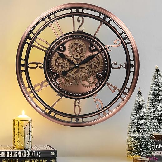 CLXEAST 28 Inch Oversized Large Moving Gear Wall Clock for Living Room Decor,Modern Farmhouse Decorative Wall Clocks Battery Operated,Rose Gold,House Warming Gifts New Home