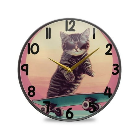 Cool Cat Wearing Sunglasses Light Green Pink Lines Round Acrylic Wall Clock Silent Battery Operated Home Decor for Living Room Bedroom