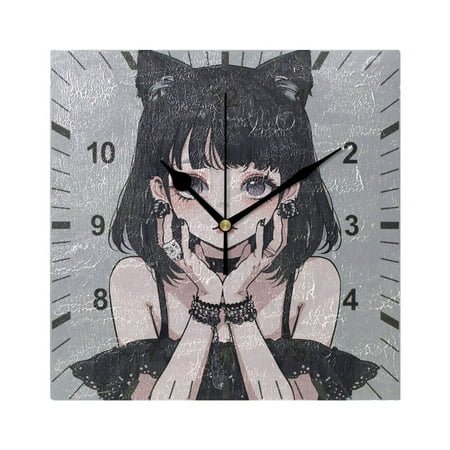 Cool Girl with Cat Ear Wall Clock Battery Operated Silent Non-Ticking Bedroom Office Kitchen Home School Decor 7.8(Black)