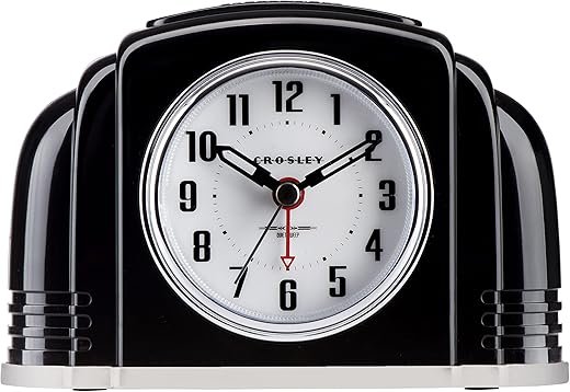 Crosley Vintage Art Deco Analog Alarm Clock, Traditional Ticking, Automatic Dimmable Smart Light, Simple Controls, (Black)