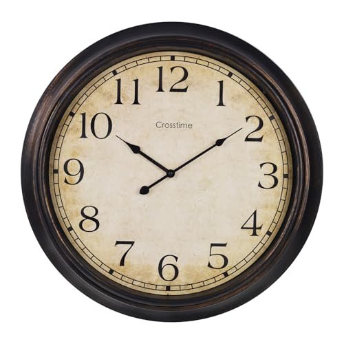 Crosstime 24 Inch Wall Clock Battery Operated Silent Round Vintage Large Wall Clocks for Living Room Farmhouse Decor, Black-Brown