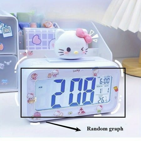 Cute Sanrio Hello Kitty, Kuromi, and Cinnamoroll alarm clocks with digital display, temperature, and date display - light pink bedside alarm clock with snooze button, durable plastic material, batter