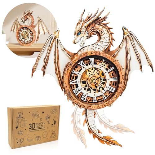 Cutywood 3D Puzzle for Adults Clock-Dragon Design Model Kit-Mechanical DIY Pendulum Clock with Roman Numerals-Desk Office Home Decor Personalized Gift for DIY Lovers