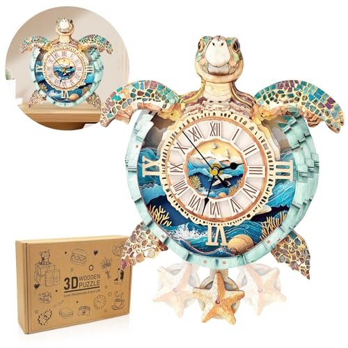 Cutywood 3D Puzzles for Adults Clock-Turtle Design Model Kit-Mechanical DIY Pendulum Clock with Roman Numerals-Desk Home Office Decor Personalized Gift for DIY Lovers