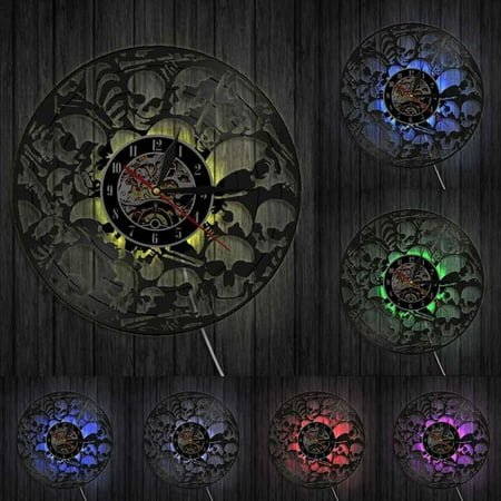 Dead Skeletal Heads Wall Clock Make Of Vinyl Record Vintage Hanging Piled Skulls Wall Art Halloween Horror Decor Vinyl Clock