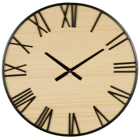 DecMode 28 Light Brown Wooden Wall Clock with Black Metal Numbers and Frame