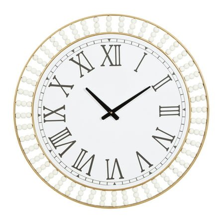 DecMode White Wood Beaded Decorative Wall Clock with Gold Metal Frame and Black Accents, 24 x 2 x 24