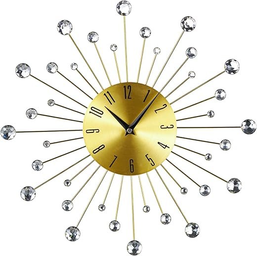 Deco 79 Metal Starburst Decorative Wall Clock With Crystal Accents for Home and Room, 14 x 1 x 14, Gold